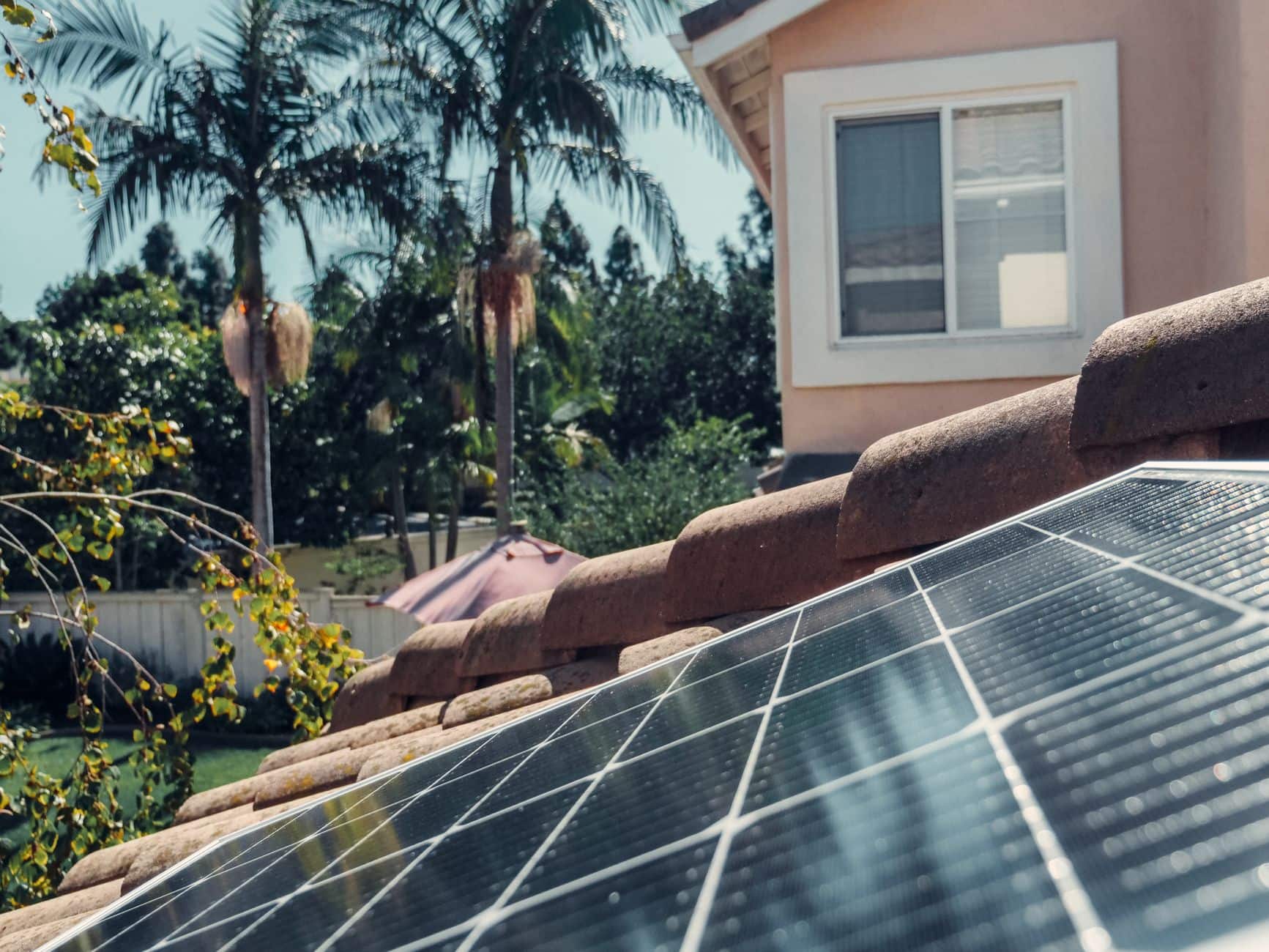 Rooftop solar panels on a residential house with palm trees in the background