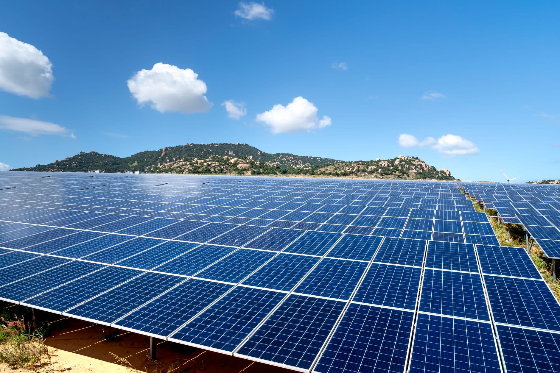 Sprawling solar farm with blue panels under a bright, vibrant sky