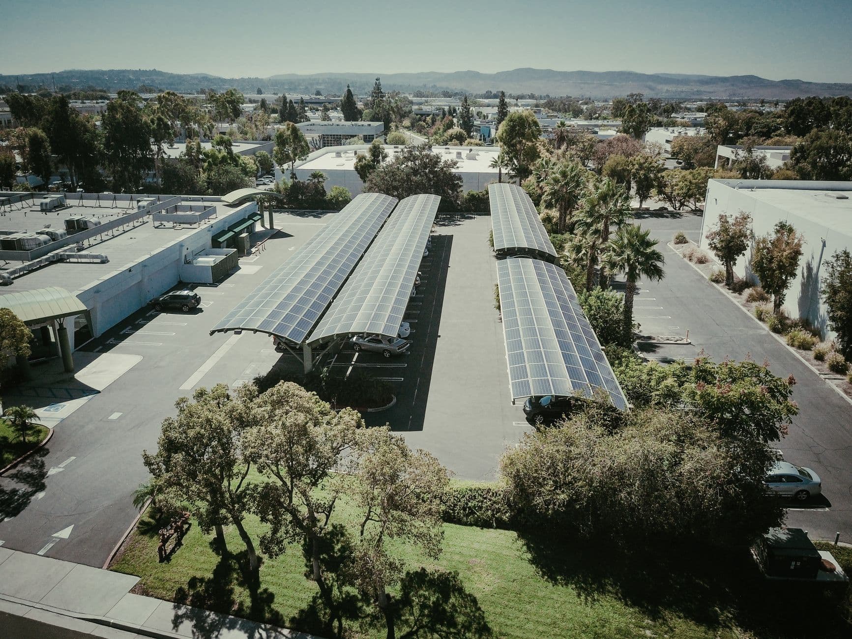 Aerial view of a suburban neighborhood with rooftops covered in solar panels under a clear sky