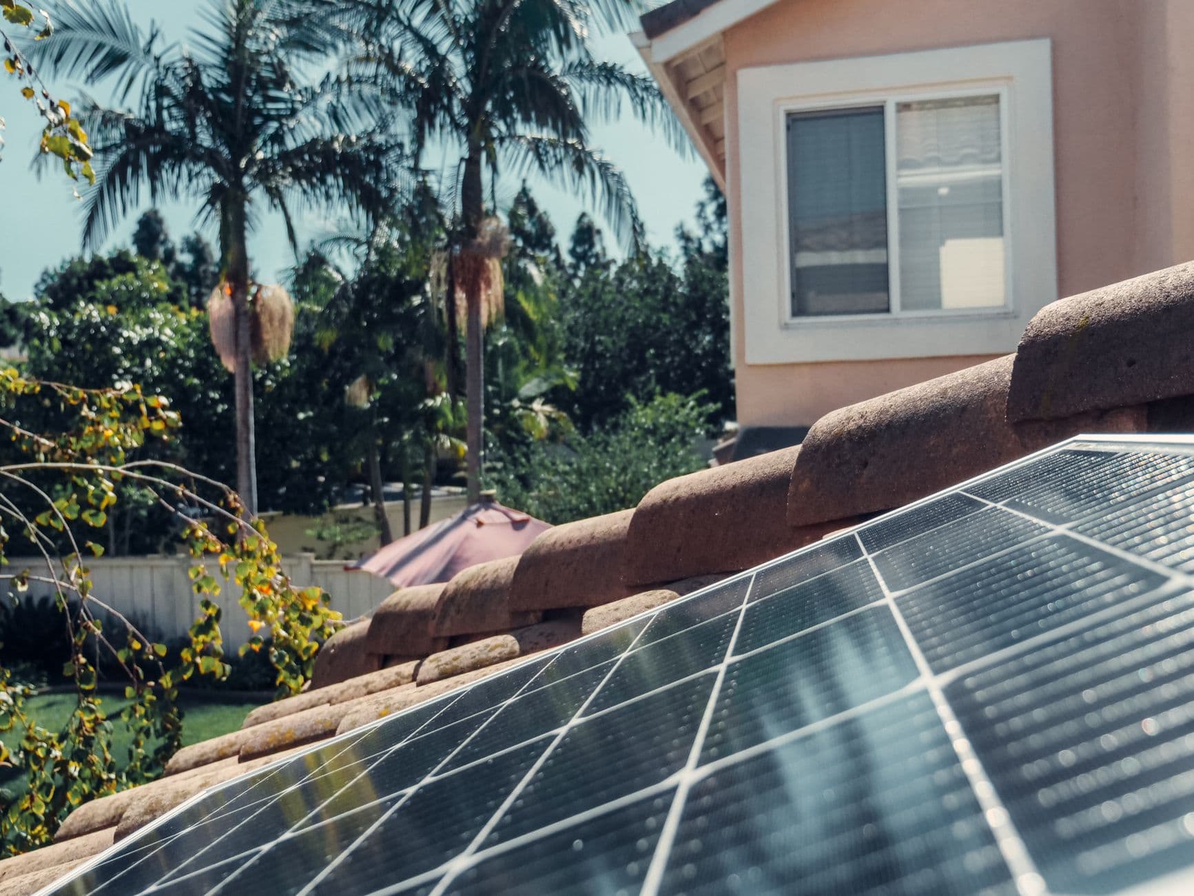 Rooftop solar panels on a residential house with palm trees in the background