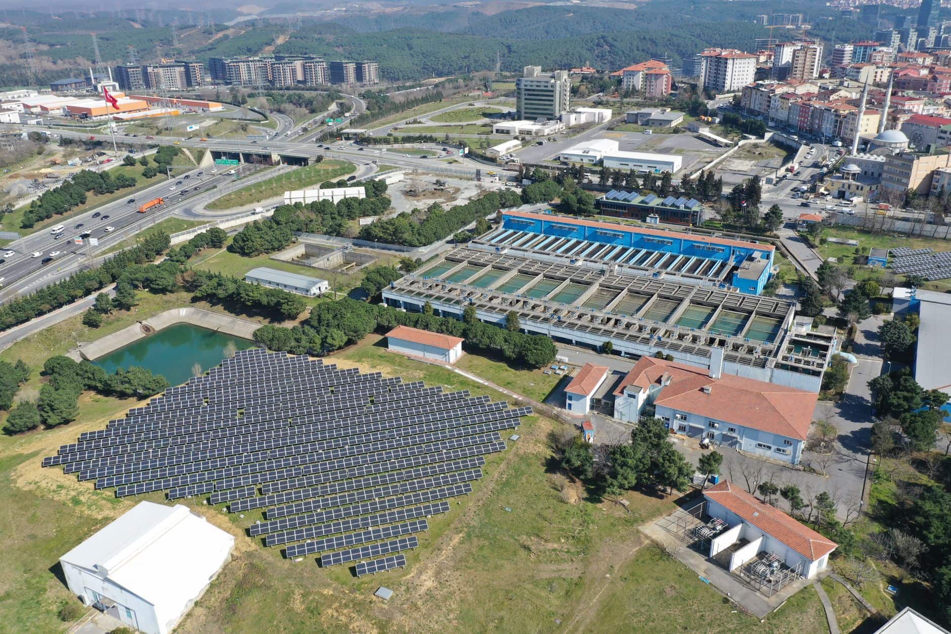 Solar farm and urban landscape in Eyรผpsultan, Istanbul, Turkey