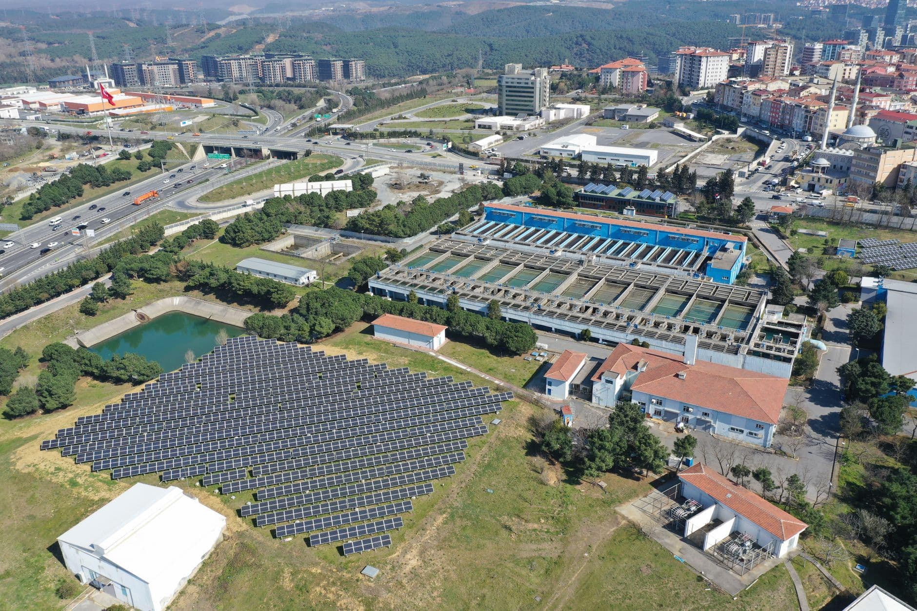 Solar farm and urban landscape in Eyüpsultan, Istanbul, Turkey