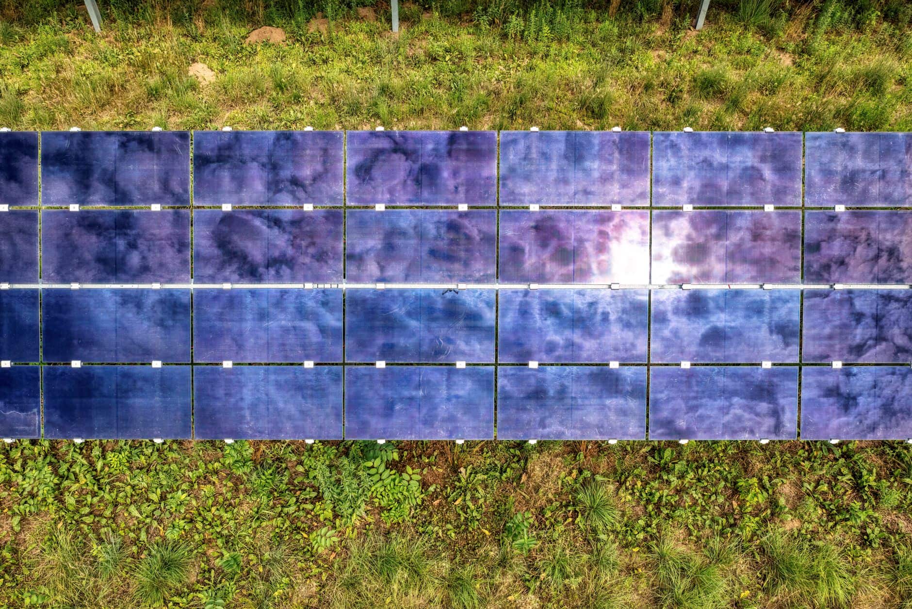 Aerial view of solar panels covering a grassy field