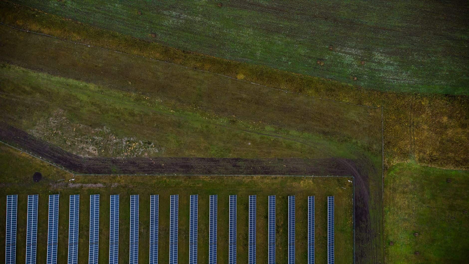 Aerial view of a solar farm with rows of photovoltaic panels in green fields