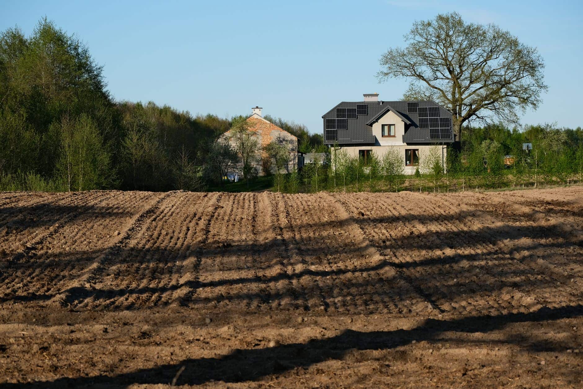 Rural house with rooftop solar panels beside a cultivated field