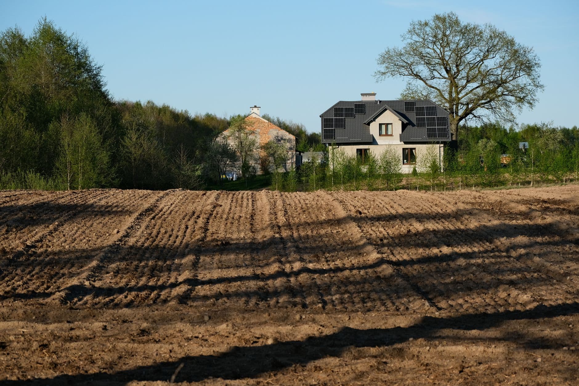 Rural house with rooftop solar panels beside a cultivated field
