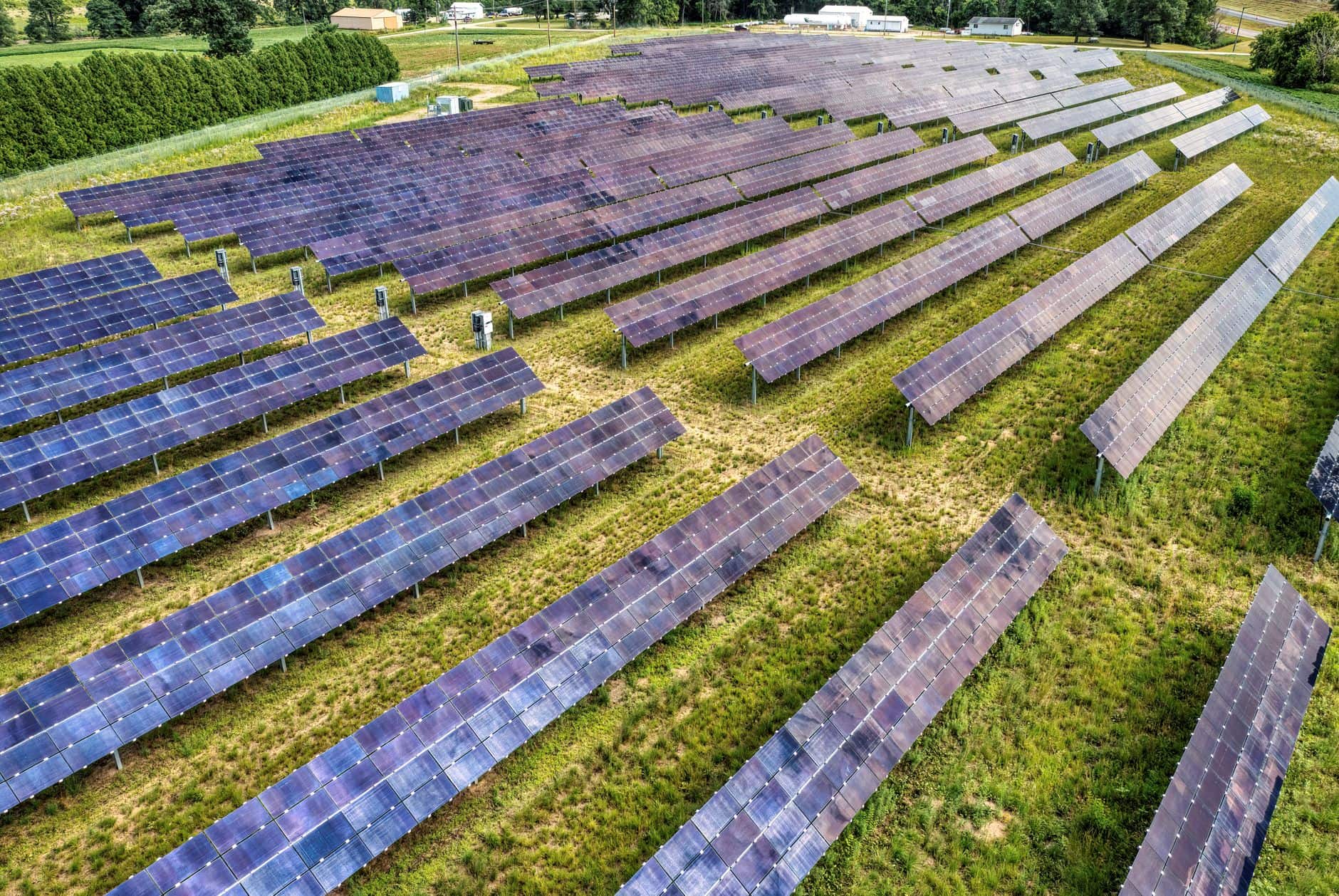 Aerial view of a solar farm in Kellogg, Minnesota, illustrating large-scale renewable energy installation